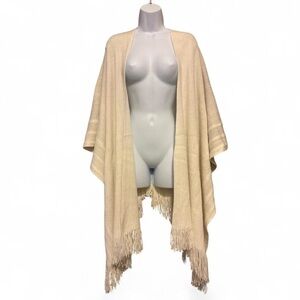 Cream Fringe Open Knit Shawl OS Boho Hippie Layering Cozy Warm Sleeveless